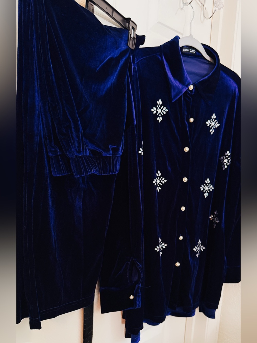 & Other Stories Navy Blue Velvet Embellished Button-Up Set